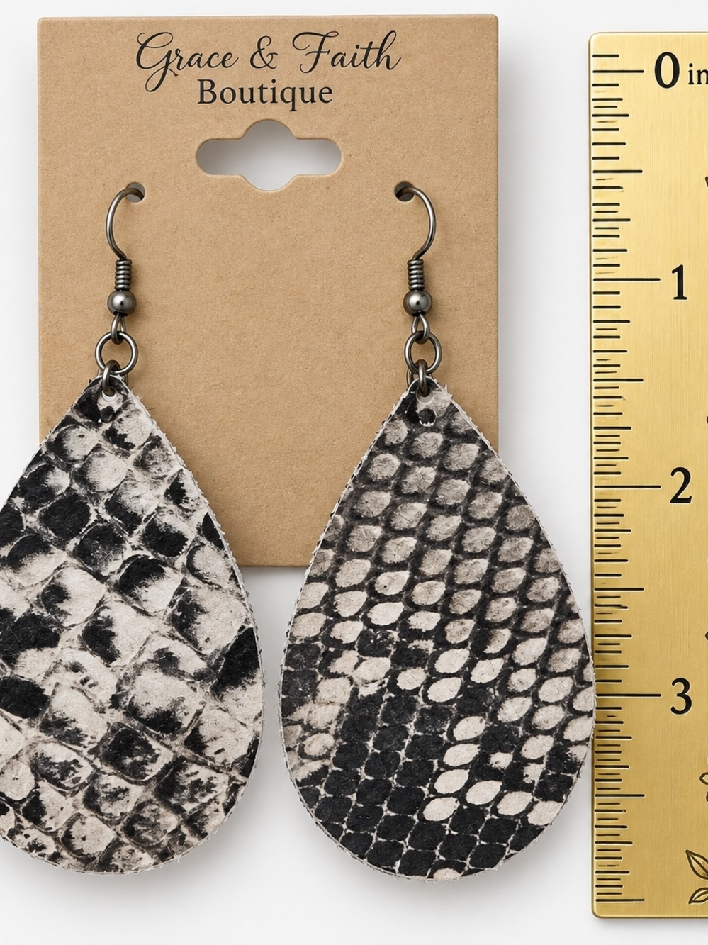 Black and White Teardrop Snake Print Earrings